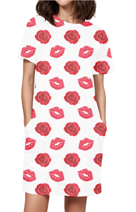 Ziddi Prints Lips & Roses All-Over Printed Night T-Shirt – Passionate Comfort for Every Night